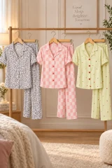 3 Adet Kadın Kısa Kollu Rahat Pijama Takımı Pembe