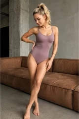 Kadın Yüksek Bel Dar Kesim Streç Gül Kurusu Body
